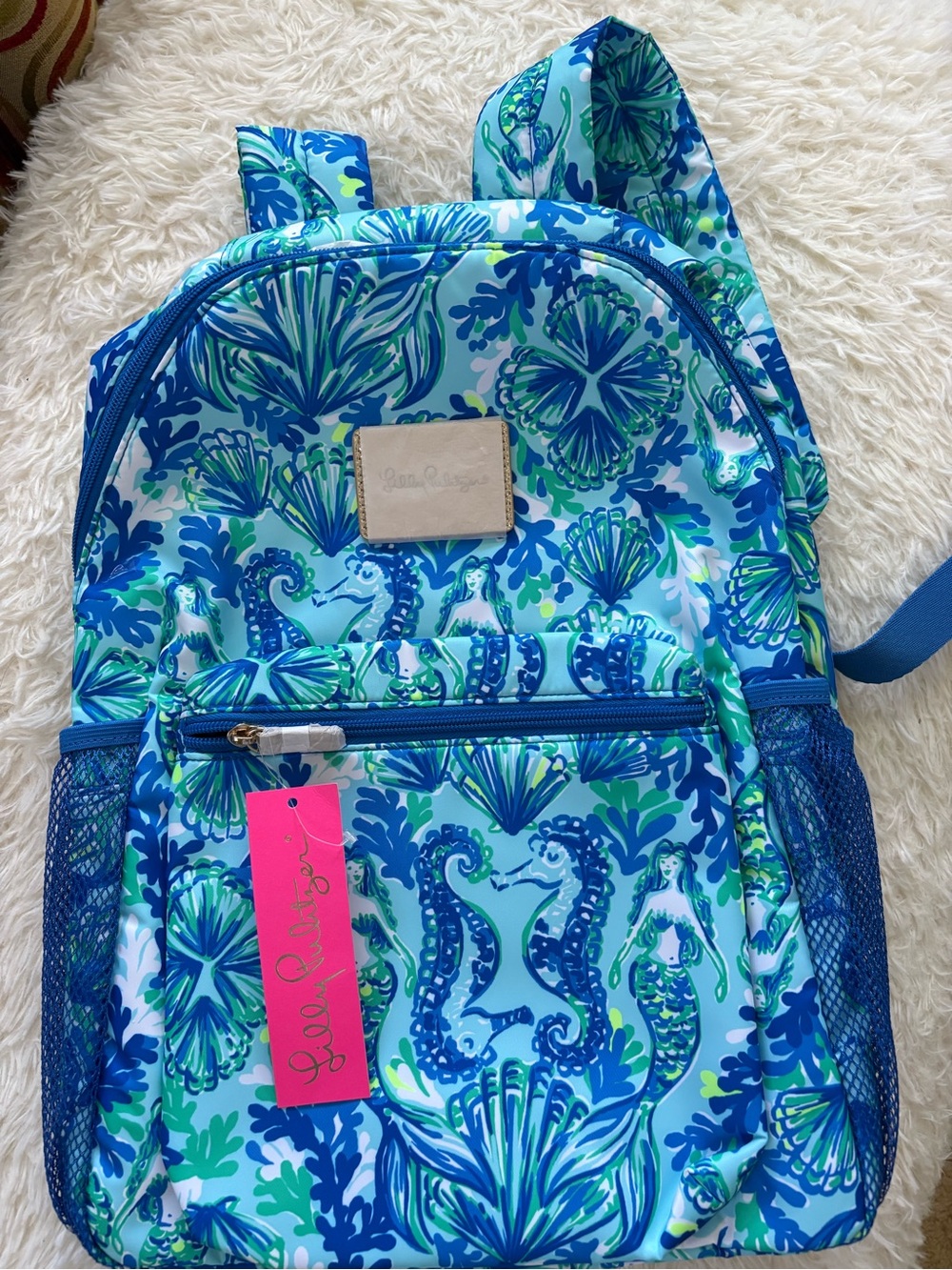 Lilly Pulitzer Blue, Teal & Green Mermaid/Seahorse Print Backpack